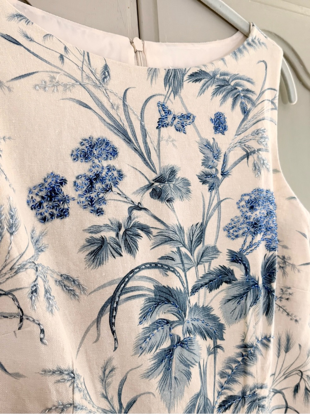 Vintage Jessica Howard Blue Floral Toile Linen Blend Beaded Sheath Dress Size 10 - Picture 3 of 5